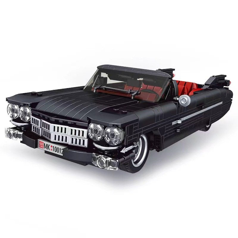 Black convertible car model made of interlocking bricks on a white background