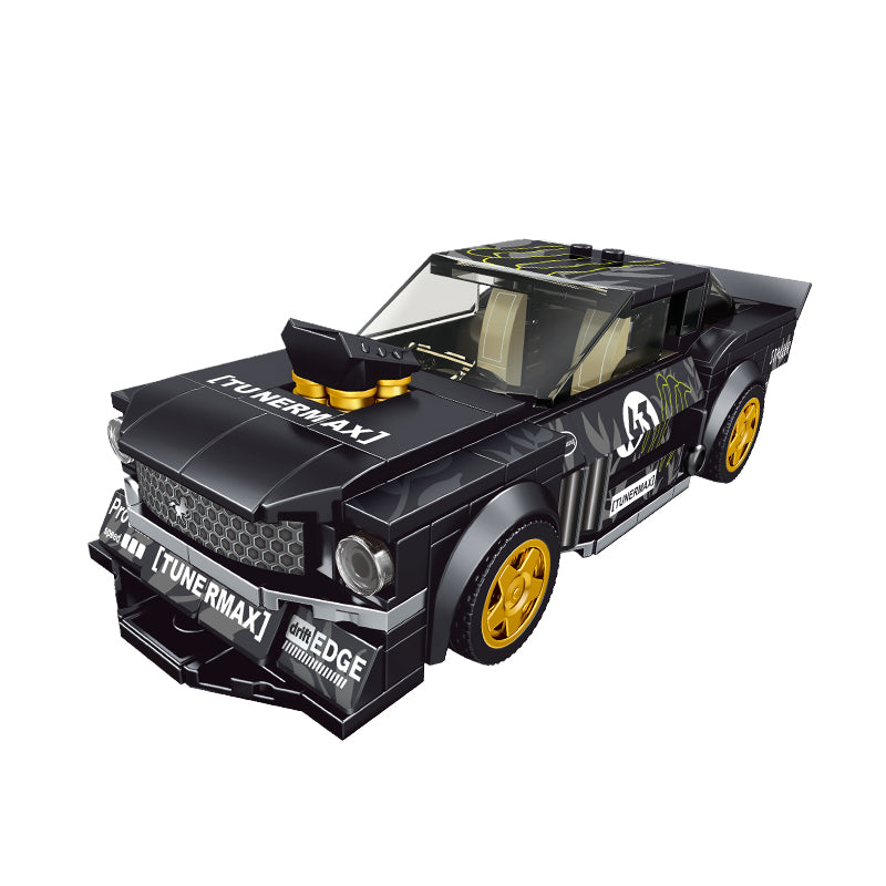 Black toy car with yellow accents on a white background