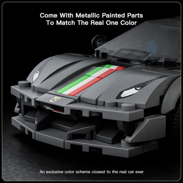 Toy car model with metallic painted parts on a dark background
