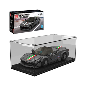 Mould King 27068 The 488 Pista Car Model Building Set displayed in a clear case with packaging in the background.