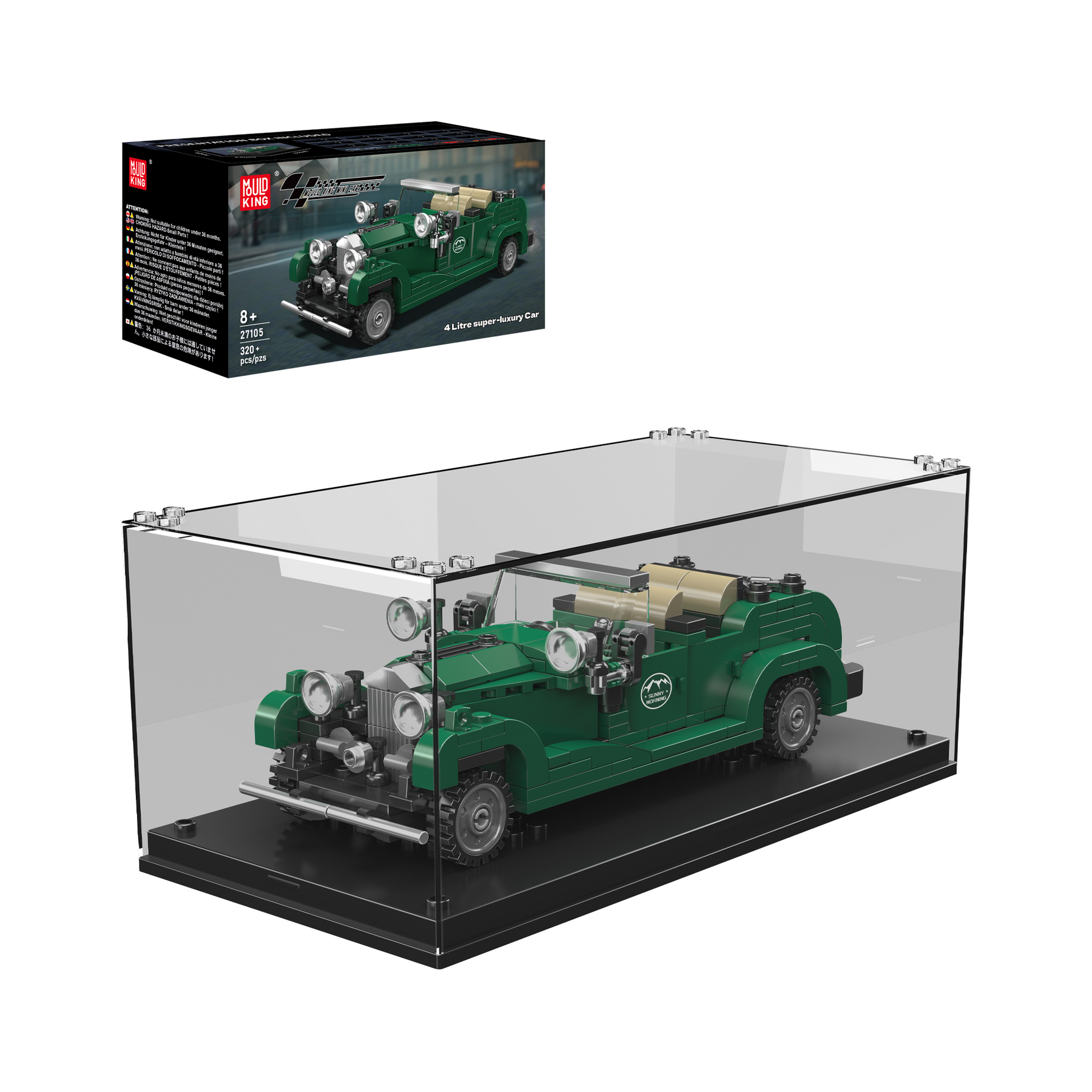 MOULD KING 27105 British 4½ Litre Super Luxury Car Building Set showcased in a display case with packaging.