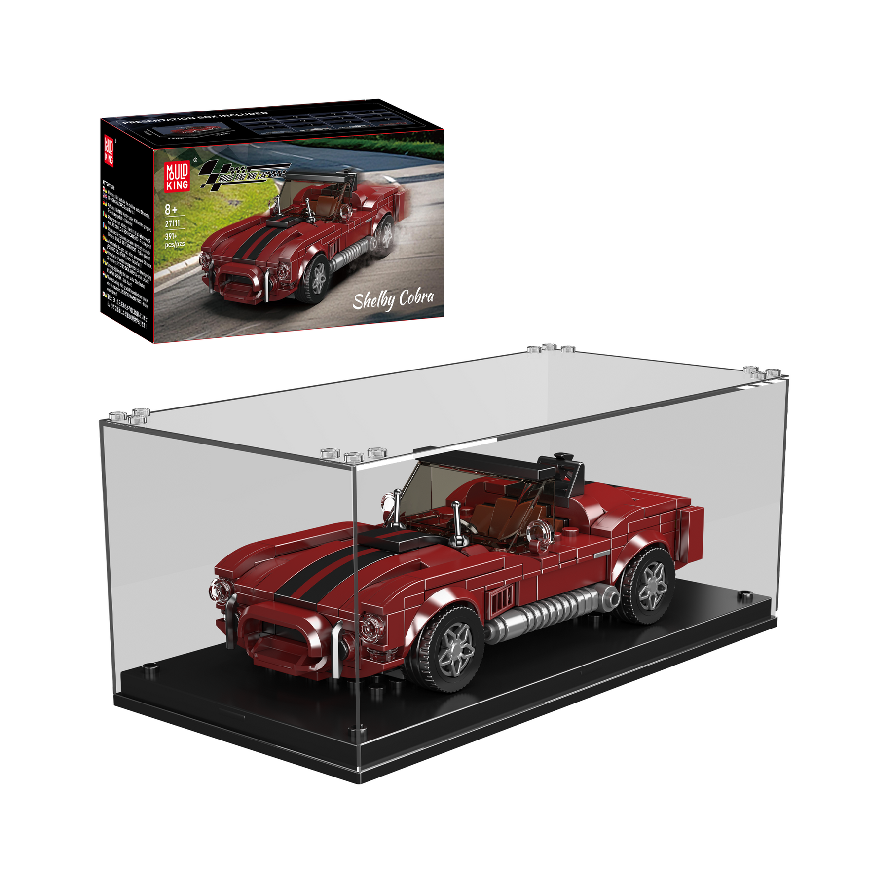 Mould King 27111 Shelby Cobra 427 Roadster Building Set displayed in a clear case with packaging in the background.