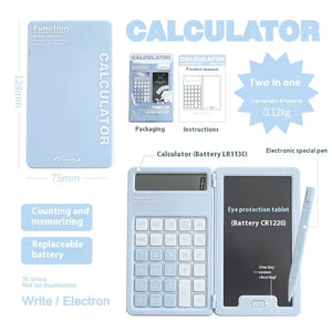 Two-in-one calculator and electronic special pen with packaging and features highlighted.