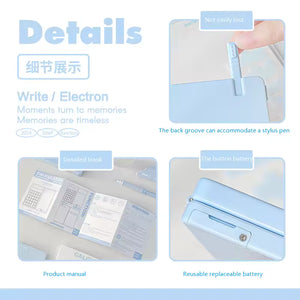 Product details of a blue electronic device with text and images showing features like a back groove for a stylus pen and a reusable battery.