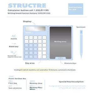 Diagram of a hybrid device with calculator and writing board functions, labeled with features and instructions.