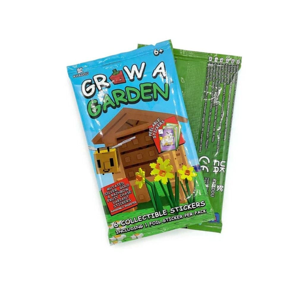 Grow a Garden toy set packaging with collectible stickers on a white background