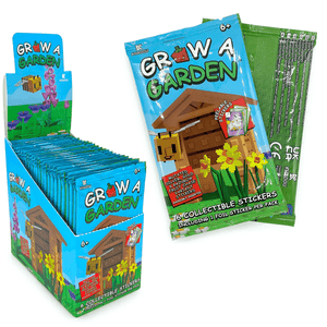 Grow a Garden toy packaging with stickers and shed design on a white background