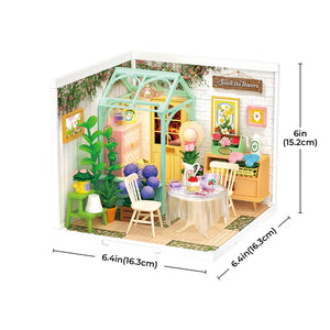 Miniature dollhouse with interior details and dimensions displayed