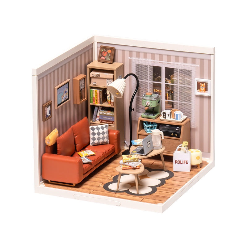 Miniature model of a living room with furniture and decor