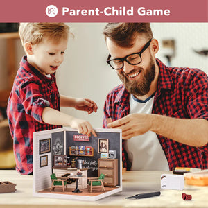 Man and child playing with a toy kitchen set, engaging in a 'Parent-Child Game' theme.