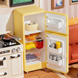 Yellow refrigerator with open door showing food items in a kitchen setting