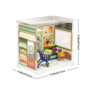 Miniature model of a grocery store with dimensions displayed