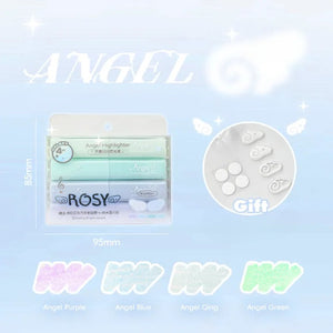 Rosy Angel highlighter set with packaging and color options on a light blue background