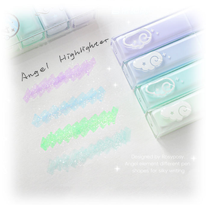 Pastel-colored highlighter pens with angel designs on a white background