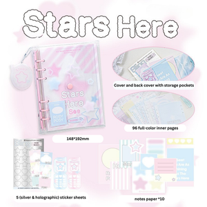 Product packaging with text 'Stars Here' on a pink background