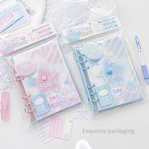 Pastel-colored stationery items with 'Stars Here' text on a white background