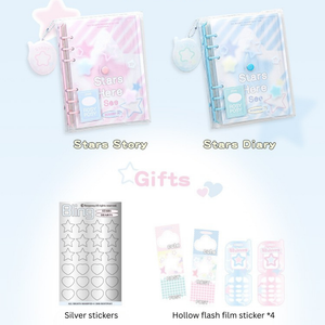 Collection of star-themed stationery items including a diary, stickers, and flash film on a light blue background.