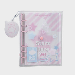 Clear planner with pink accents and 'Stars Here' text, featuring a small star-shaped pouch on a white background.