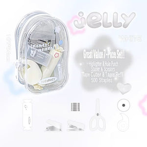 Gelly white stationery set with tools and packaging on a light background