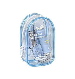Clear plastic bag with baby items including bottles and toys, branded 'Rosyposy'.