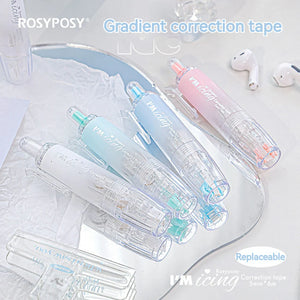 RosyPosy "ICING" Collection Soft Ice Penetration Push Correction Tape in pastel colors on a shiny surface.