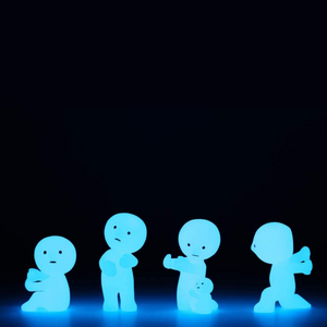 Four glowing blue figures on a black background