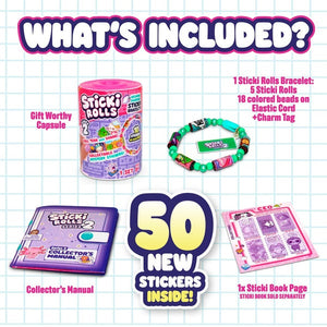 Product packaging with 'Sticki Rolls' and accessories on a grid background