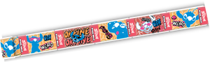 Colorful belt with cartoon character designs and text on a white background