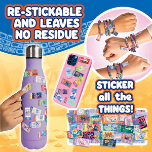 Product advertisement featuring a purple water bottle, pink phone case, and colorful stickers with text highlighting re-stickable properties.