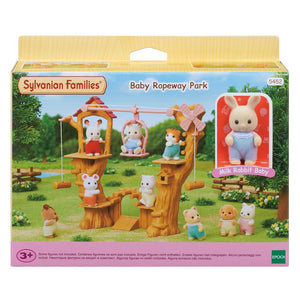 Sylvanian Families Baby Ropeway Park set packaging with figures and treehouse.