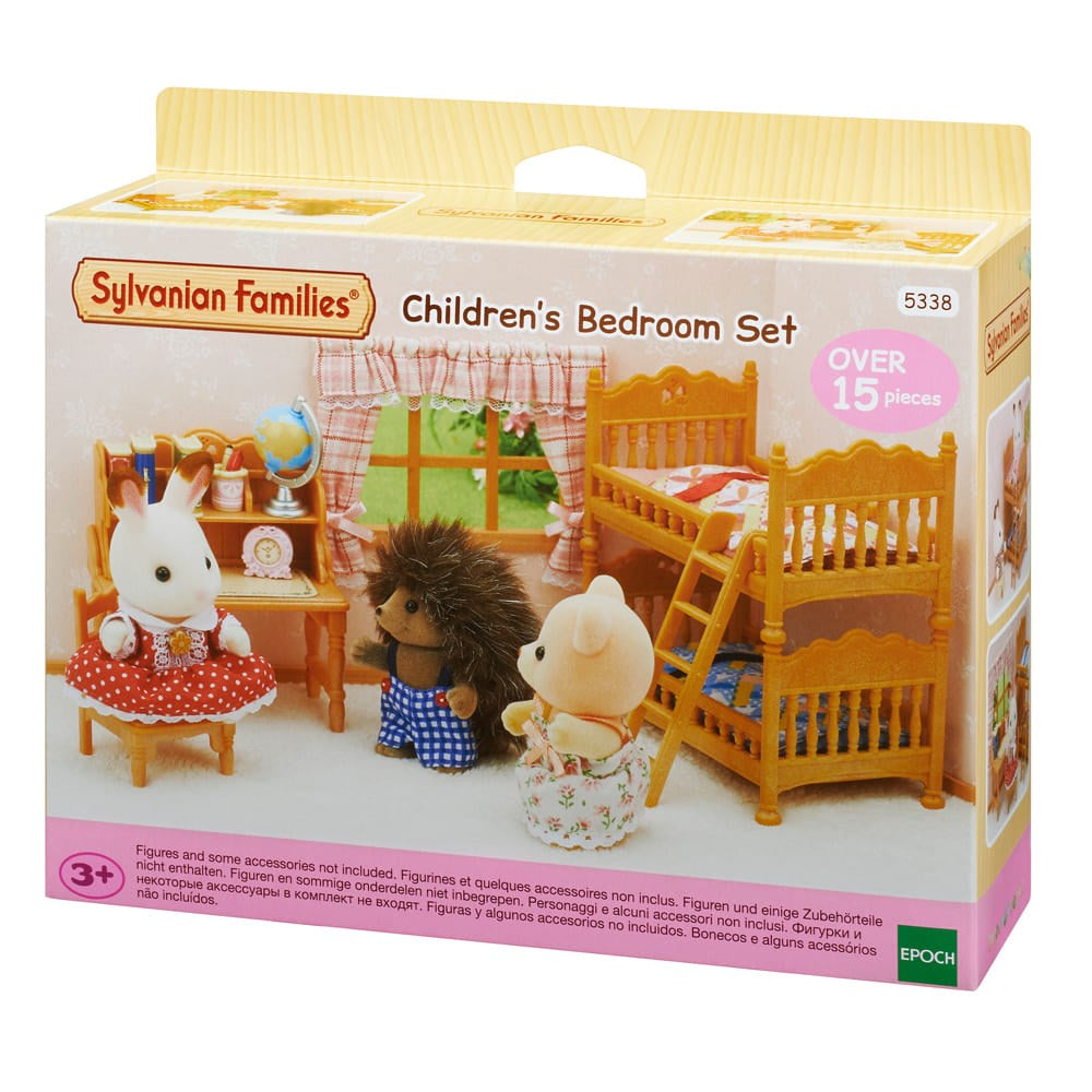 Sylvanian Families children's bedroom set packaging with toy figures and furniture.