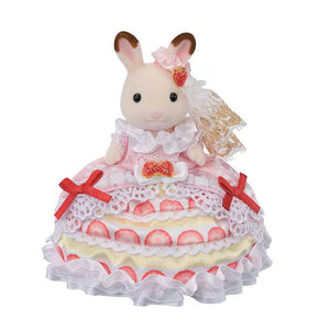 Toy figure of a rabbit in a strawberry shortcake dress on a white background