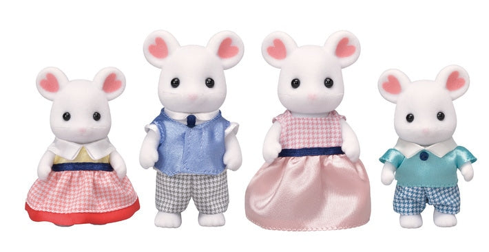 Set of four mouse figurines in a family arrangement on a white background