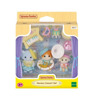 Sylvanian Families Nursery Concert Set packaging with three figures and musical instruments.