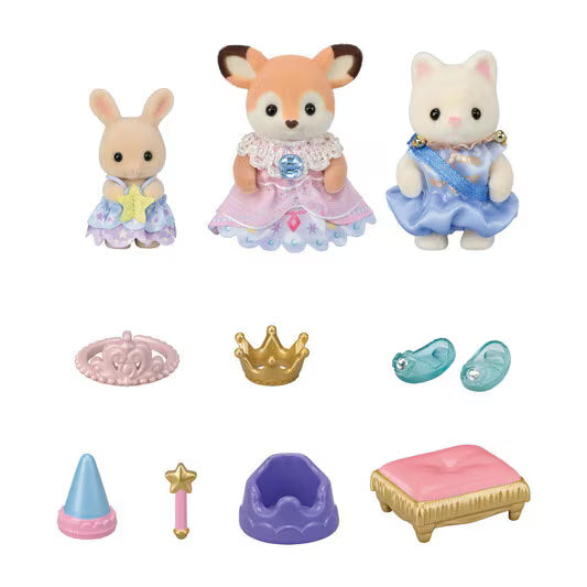 Set of toy animal figures with accessories on a white background