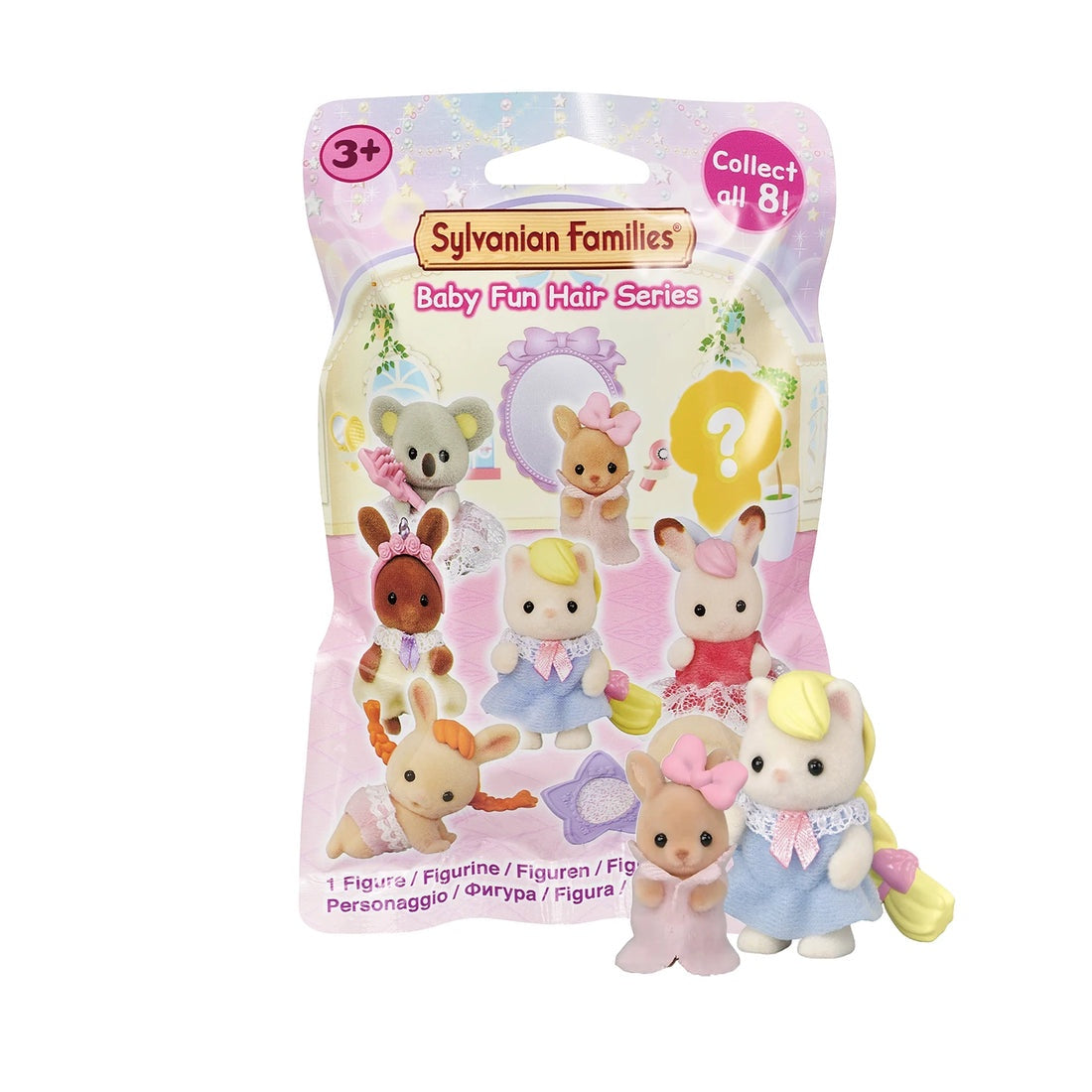 Sylvanian Families Baby Fun Hair Series packaging with toy figures on a white background