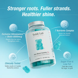 Teddi Lab Hair Boost Gummy supplement bottle with blue gummies on a light blue background