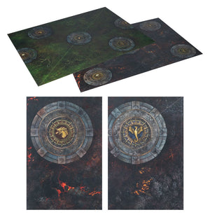 Warhammer Age of Sigmar Introductory Set game mat featuring detailed circular designs for tabletop battles.