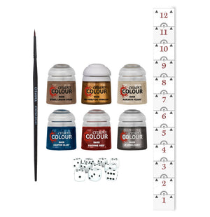 Warhammer Age of Sigmar Introductory Set including paints, brush, dice, and measuring ruler.