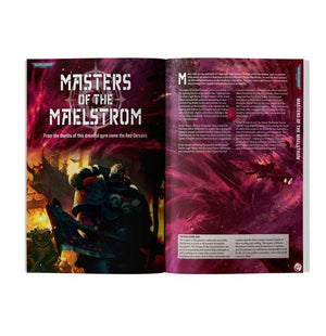 Open book showing a fantasy-themed page with a character and text on a purple background.
