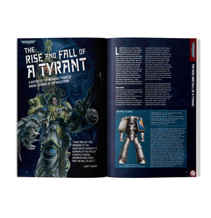 Open book showing a page with a warrior figure and text about 'The Rise and Fall of a Tyrant'.