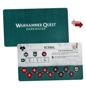 Warhammer Quest Darkwater game card with character details and dice