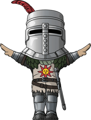 Animated character in armor with a helmet, holding a spear, on a transparent background