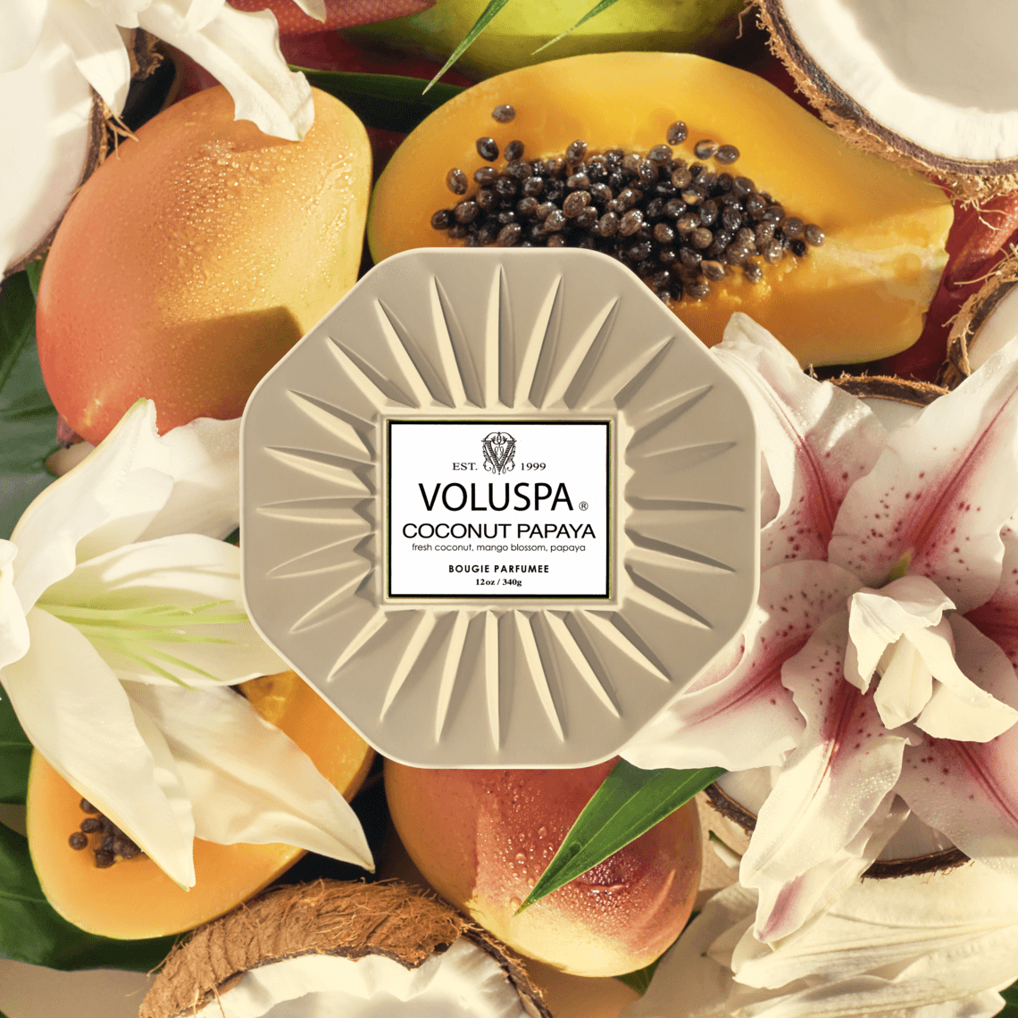 VOLUSPA Coconut Papaya 3 Wick Octagonal Tin Candle.