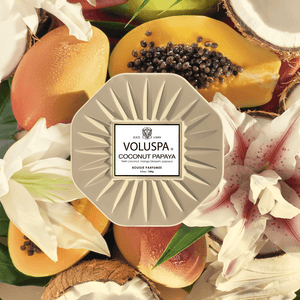 VOLUSPA Coconut Papaya 3 Wick Octagonal Tin Candle.