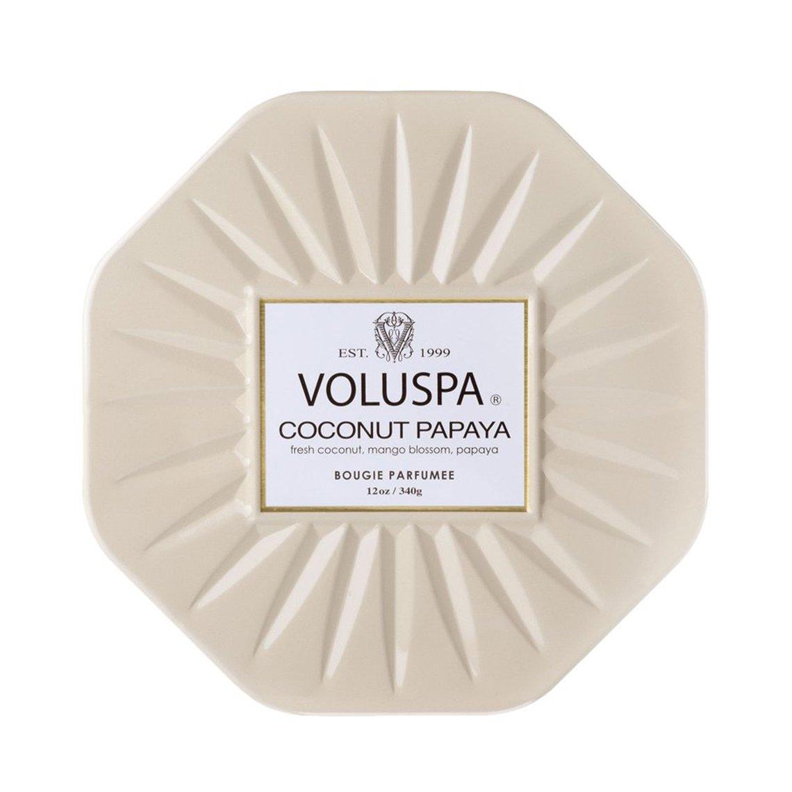 VOLUSPA Coconut Papaya 3 Wick Octagonal Tin Candle.