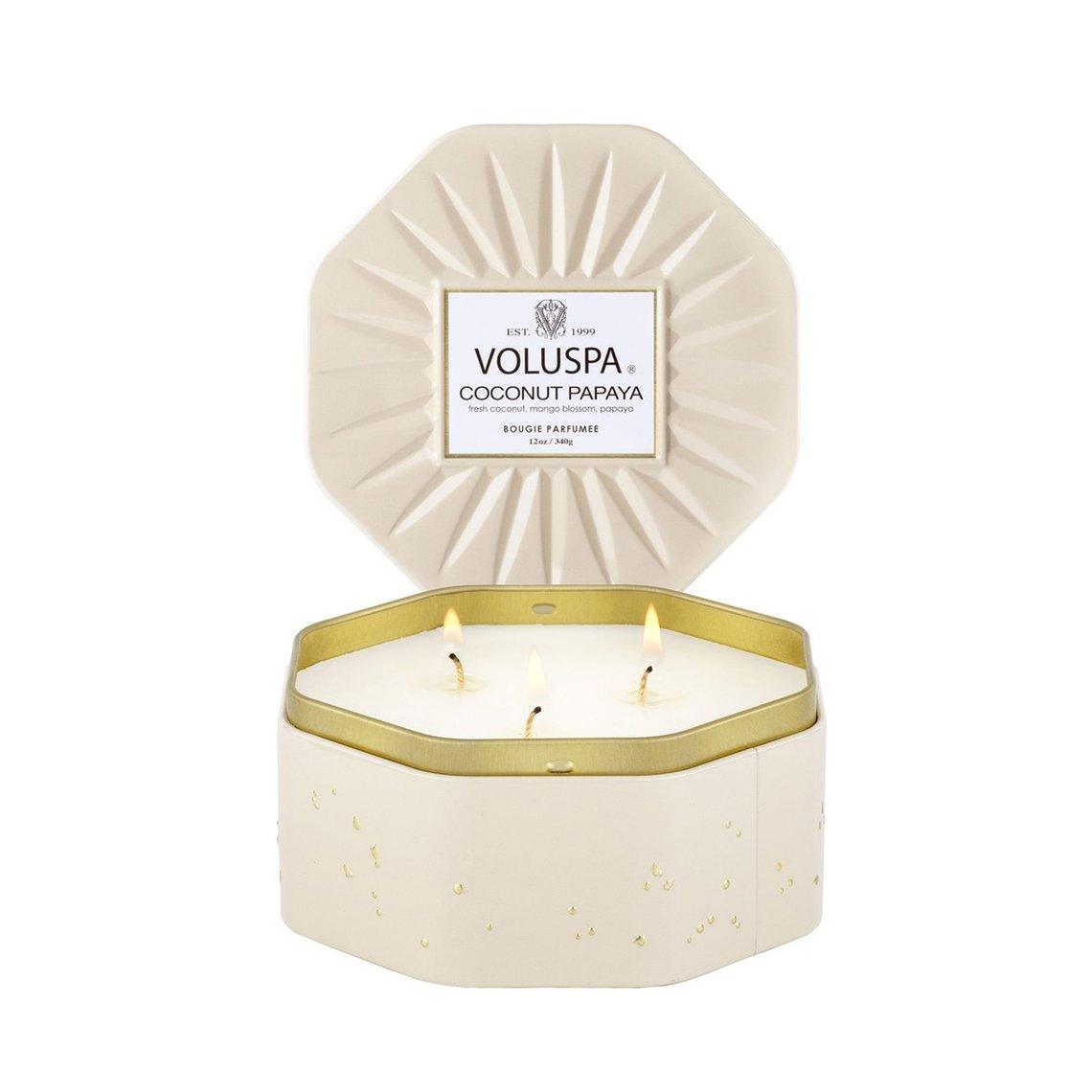 VOLUSPA Coconut Papaya 3 Wick Octagonal Tin Candle.