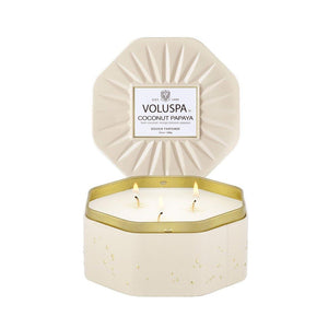 VOLUSPA Coconut Papaya 3 Wick Octagonal Tin Candle.