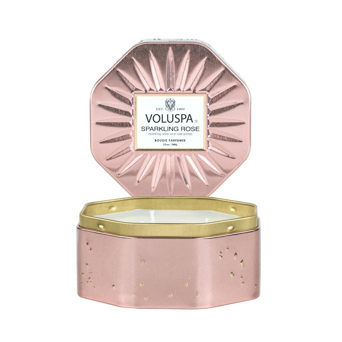VOLUSPA Sparkling Rose 3 Wick Octagonal Tin Candle.
