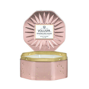 VOLUSPA Sparkling Rose 3 Wick Octagonal Tin Candle.